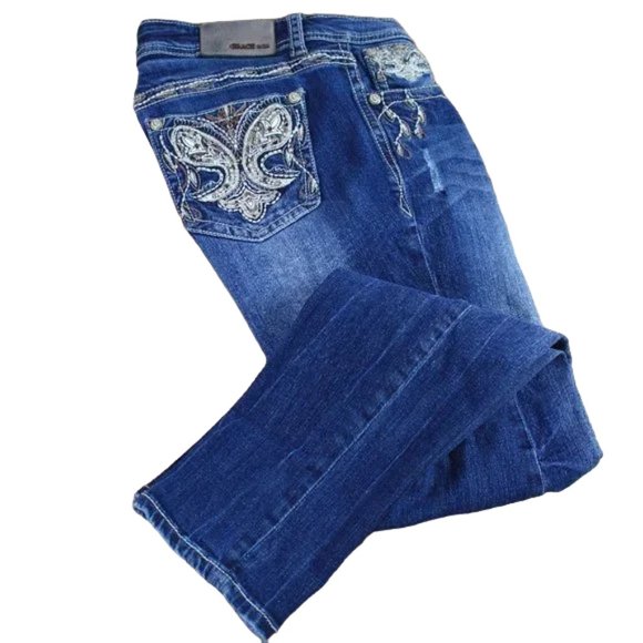 Grace in LA Denim - Grace In LA Easy Fit Blue Fade Straight Butterfly Pocket Jeans, Size 30 (34/30)